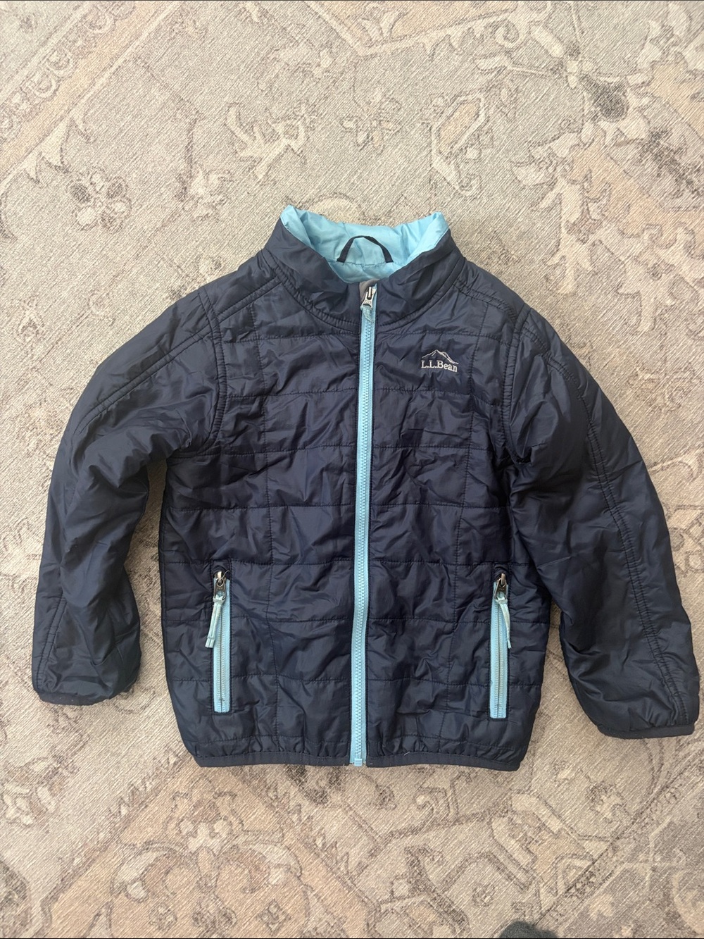 L.L. Bean Navy Kids Primaloft lightweight Puffer Jacket w Light Blue Trim